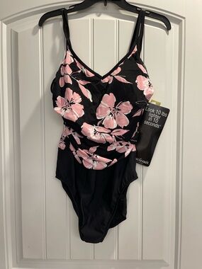Miraclesuit Tummy Control Swimsuit 14 Black Pink Floral Ruching One Piece
